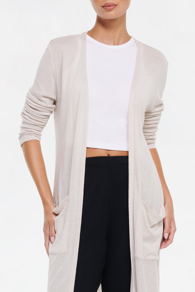 Women's Stone Merino Wool Long Cardigan by Intimo - close-up detail